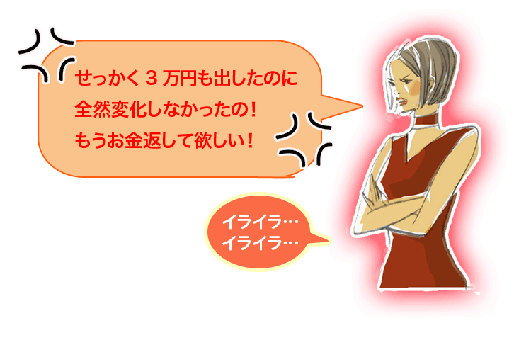 「せっかく3万円も出したのに全然変化しなかったの！もうお金返してほしい」